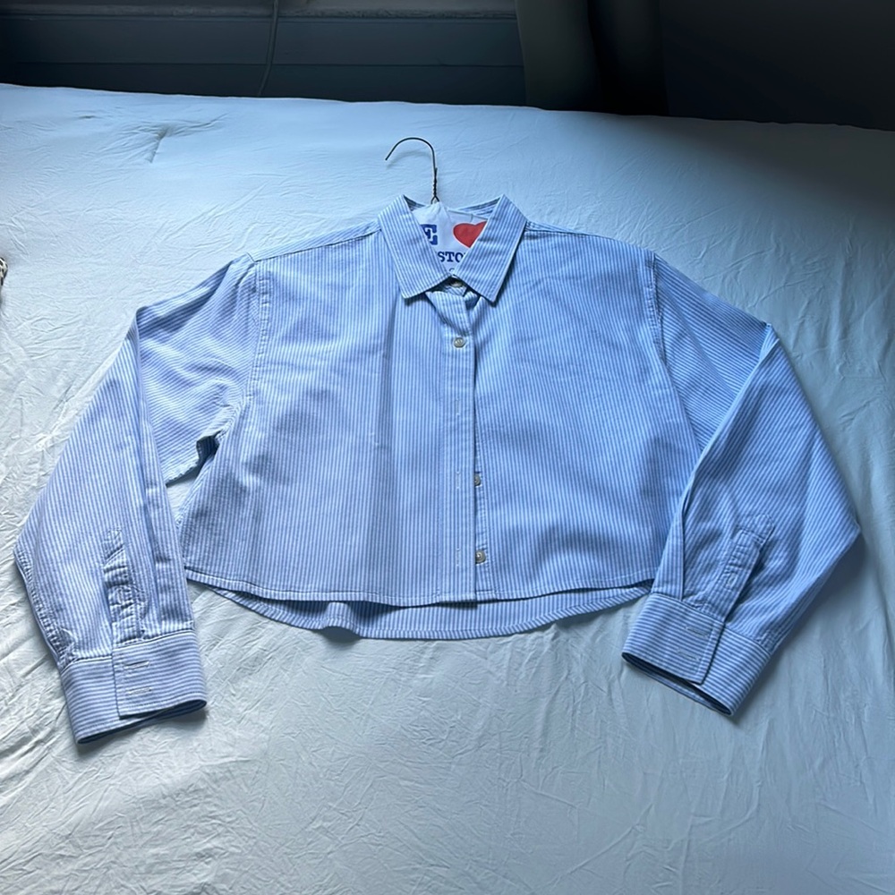 aritizia denim forum striped chambray cropped shirt